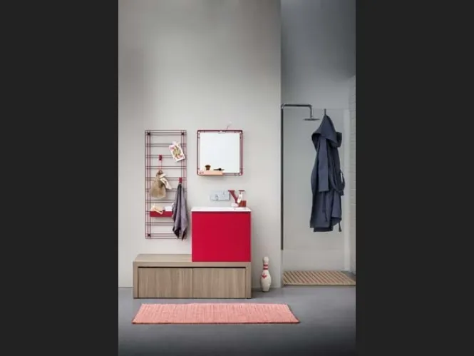 Mobile Bagno da appoggio in melaminico e laccato rosso con top in mineral marmo Acqua e Sapone 04 di Birex