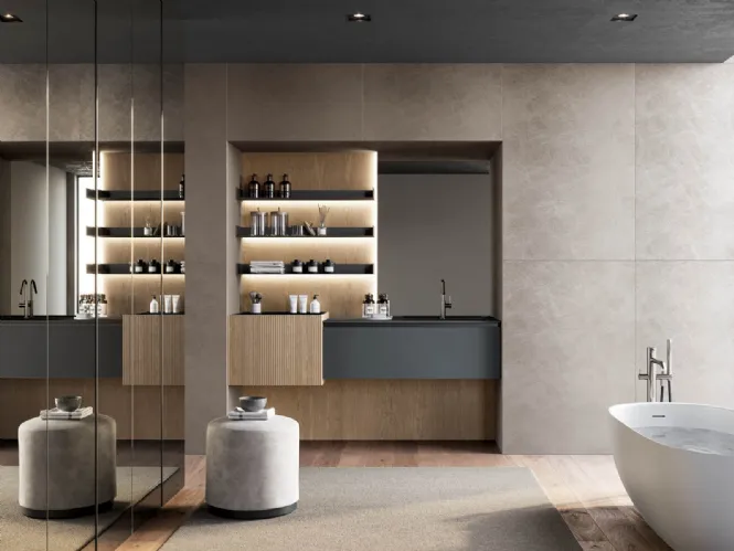 Mobile da Bagno sospeso in fenix grigio bromo e canneté rovere visone Facto 01 di Birex