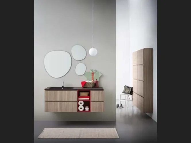 Mobile da Bagno sospeso in melaminico con vano a giorno in laccato rosso e top in mineral marmo Lapis 04 di Birex