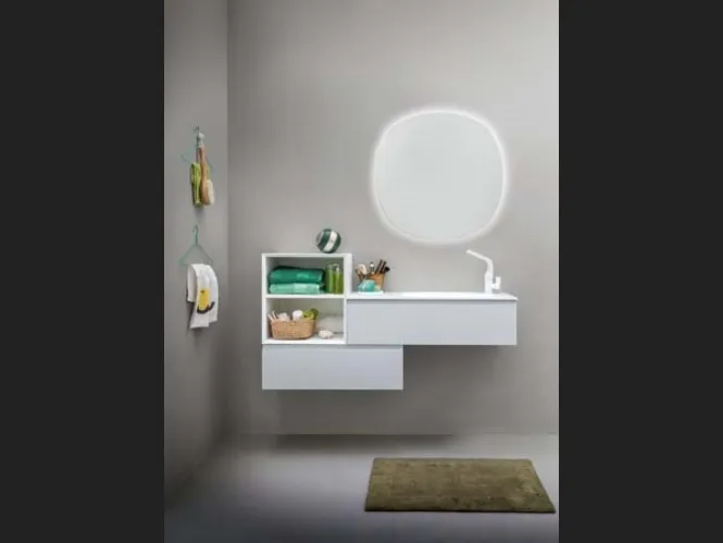Mobile da bagno sospeso in laccato bianco opaco e top in Corian Memento 04 di Birex