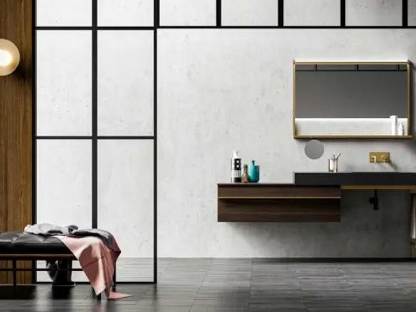 Mobile da Bagno sospeso in rovere e alluminio con top in acciaio Sidero 03 di Birex