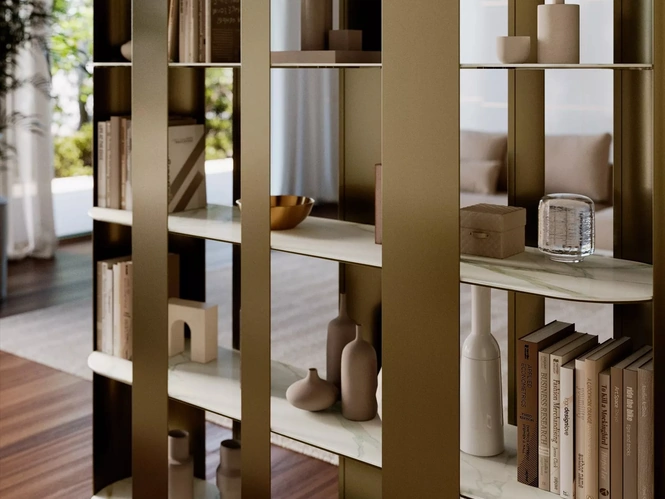 Libreria divisoria Helena in metallo laccato con ripiani in SuperMarmo di Bontempi