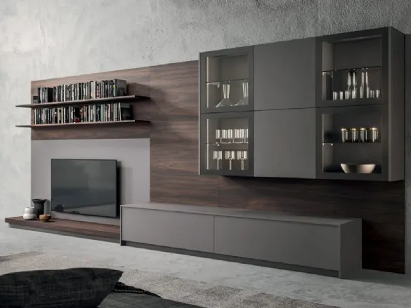 Parete Attrezzata Living T05 in Fenix Grigio Londra e melaminico Noce dark di Gentili Cucine