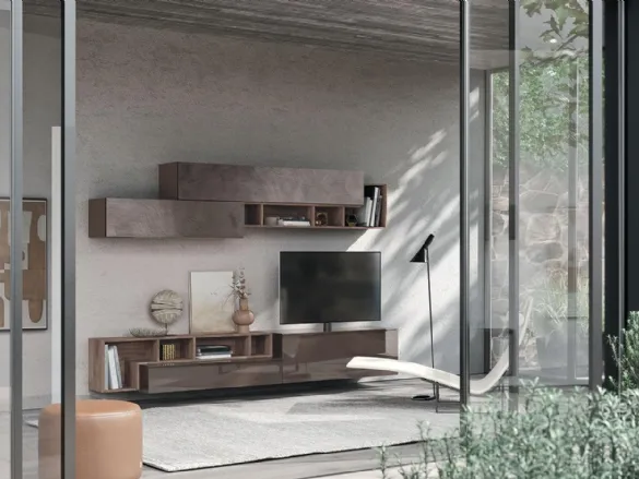 Parete Attrezzata Composizione Horizon 904 in legno, laccato lucido e materico di Mobilgam