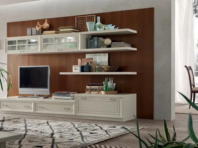 Parete Attrezzata MU454 con Boiserie Noce e finitura mobile Panna di Maronese Acf