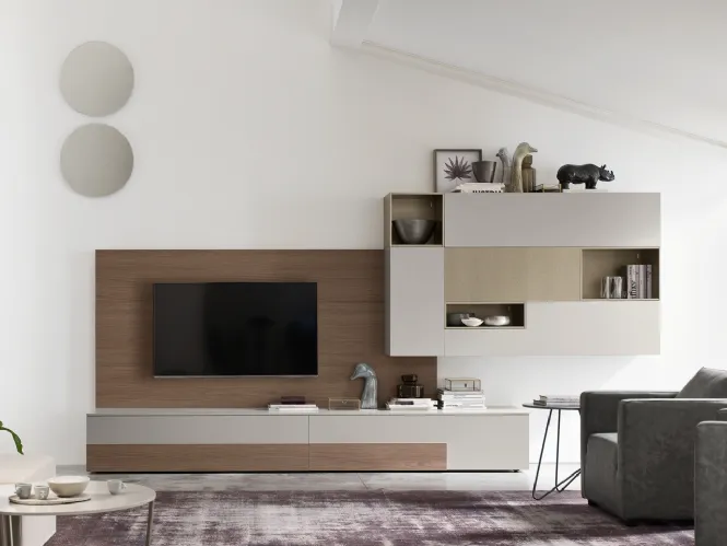 Parete Attrezzata Seta SA2207 in melaminico Rovere Avena e laccato opaco di Maronese Acf