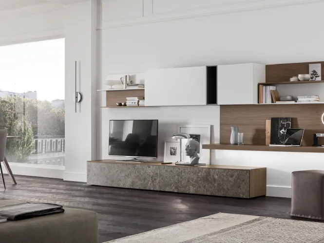 Parete Attrezzata Seta SA2230 in melaminico marmo Ash Stone, Rovere, Avena, Bianco e laccato opaco Ferro di Maronese Acf