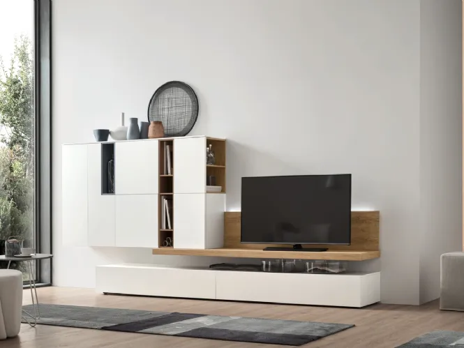 Parete Attrezzata Seta Unix SU2104 in melaminico Rovere nodato, Bianco e laccato opaco Cotto, Ceruleo di Maronese Acf