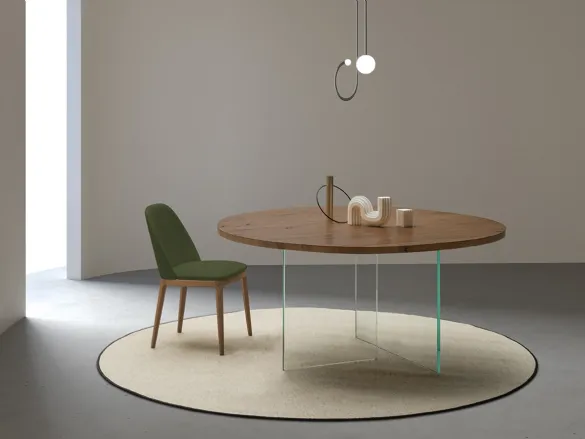 Tavolo Smart Rotondo con piano in legno e base in vetro trasparente di Devina Nais