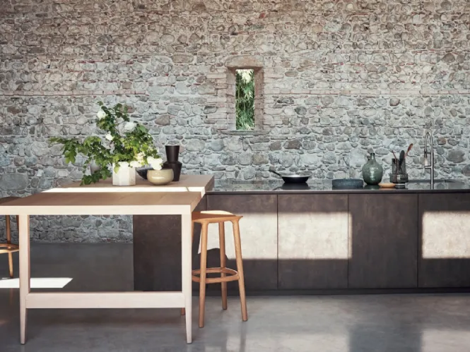 Cucina Design con penisola Maxima Welcome Lightness in melaminico Ossido Ghisa con top in acciaio inox mat e penisola in Rovere Nordico di Cesar