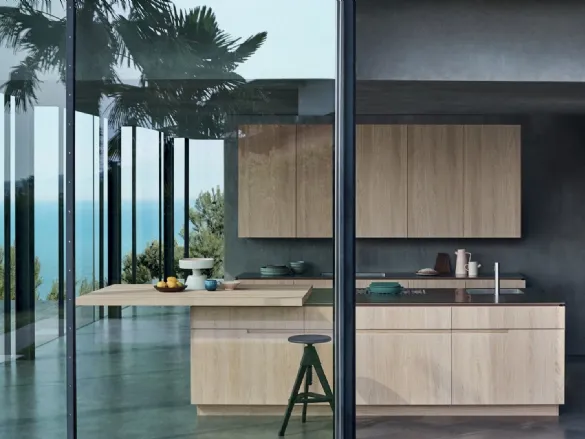 Cucina Design lineare con penisola N_Elle Living by the sea in essenza di Rovere Nordico di Cesar
