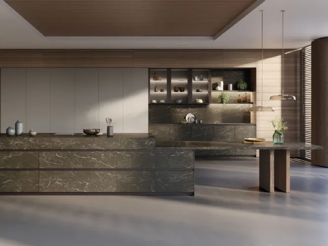 Cucina Design in laccato Roccia e piano in MDI T70 Roccia di Zecchinon Cucine