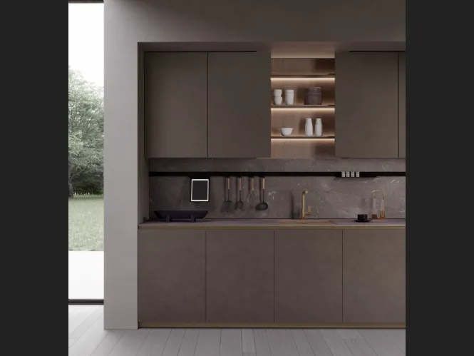 Cucina Design con anta in alluminio laccato Dust Bronze e piano in MDI T80 Bronze di Zecchinon Cucine