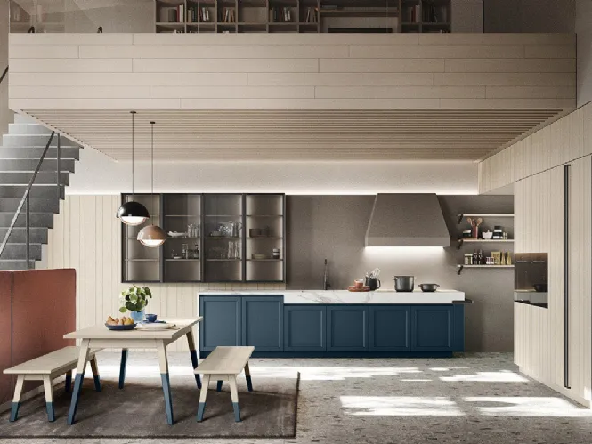 Cucina Moderna lineare in legno finitura Denim con top in HPL Calacatta Maestrale M06 di Scandola