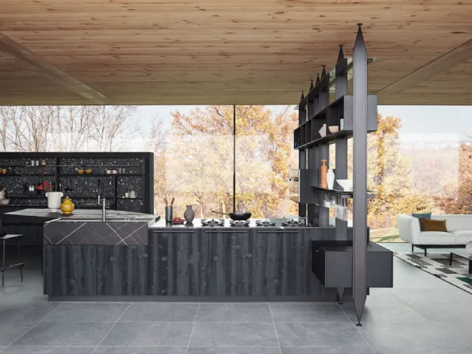 Cucina Moderna con penisola Maxima Natural Sharing in essenza anticata Tabià Nero e top in marmo di Cesar