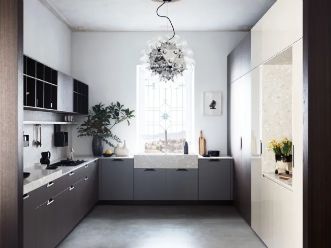 Cucina Moderna angolare Maxima Rational Levity in melaminico Lutezio e top in seminato Bianco Apuano di Cesar
