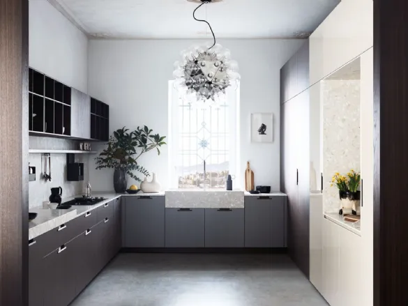 Cucina Moderna angolare Maxima Rational Levity in melaminico Lutezio e top in seminato Bianco Apuano di Cesar